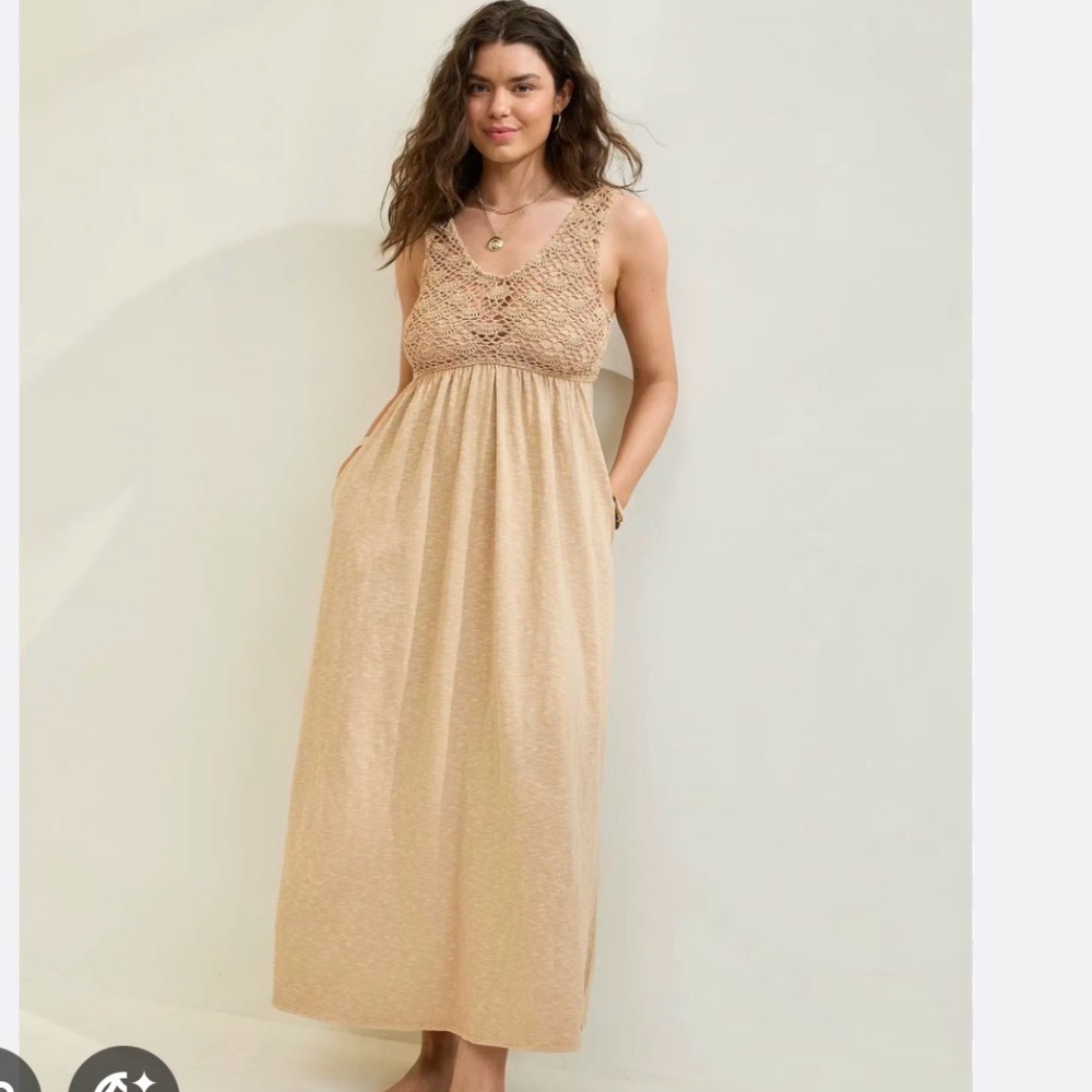 Sleeveless Crochet Bodice Maxi Dress in Beige